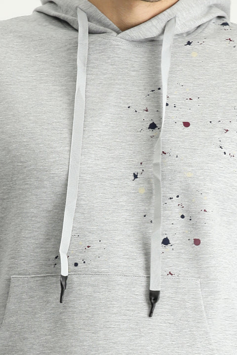 Light Grey Melange Slim Fit Narrow Cut Hooded Printed Cotton Sweatshirt