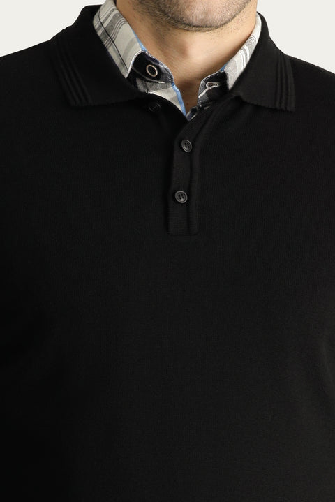 Siyah Polo Yaka Regular Fit Pamuklu Triko Kazak