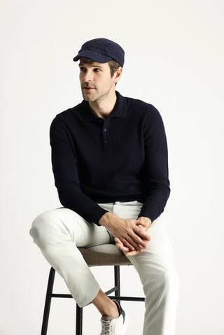 Koyu Lacivert Polo Yaka Regular Fit Pamuklu Triko Kazak