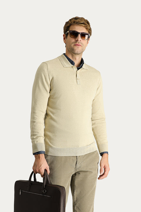 Medium Beige Polo Collar Regular Fit Cotton Knit Sweater