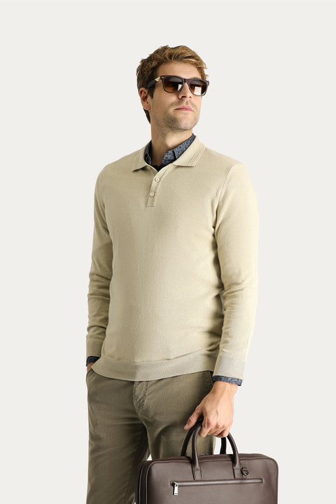 Medium Beige Polo Collar Regular Fit Cotton Knit Sweater