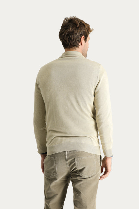 Medium Beige Polo Collar Regular Fit Cotton Knit Sweater