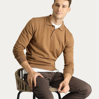 Camel Polo Collar Regular Fit Cotton Knit Sweater