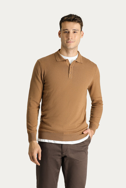 Camel Polo Collar Regular Fit Cotton Knit Sweater