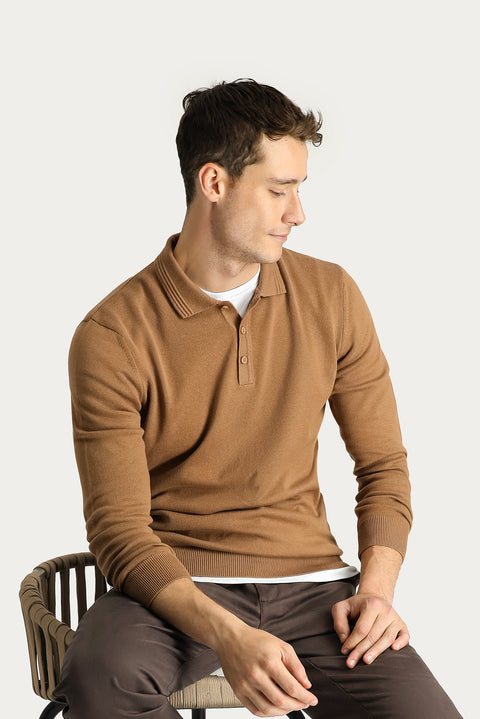 Camel Polo Collar Regular Fit Cotton Knit Sweater