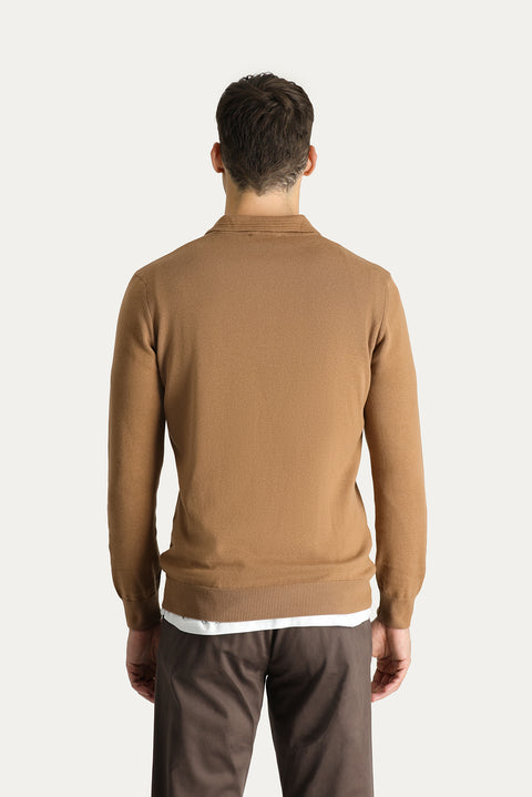 Camel Polo Collar Regular Fit Cotton Knit Sweater