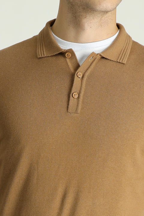 Camel Polo Collar Regular Fit Cotton Knit Sweater