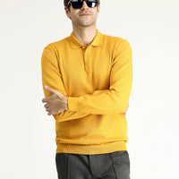 Mustard Yellow Polo Collar Regular Fit Cotton Knit Sweater