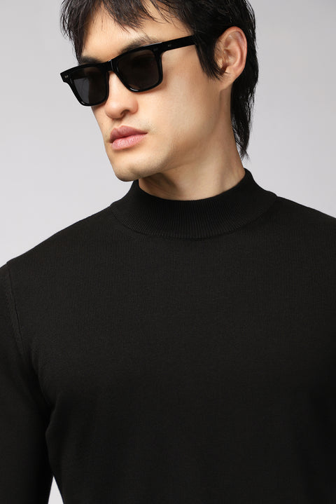 Black Half Turtleneck Regular Fit Cotton Knit Sweater