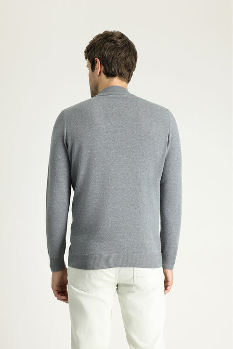 Medium Grey Melange Half Turtleneck Regular Fit Cotton Knit Sweater