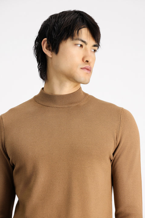 Camel Half Turtleneck Regular Fit Cotton Knit Sweater