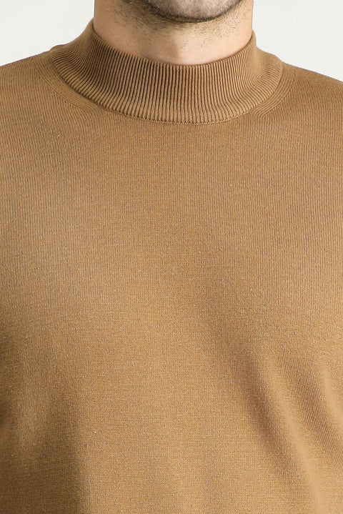 Camel Half Turtleneck Regular Fit Cotton Knit Sweater