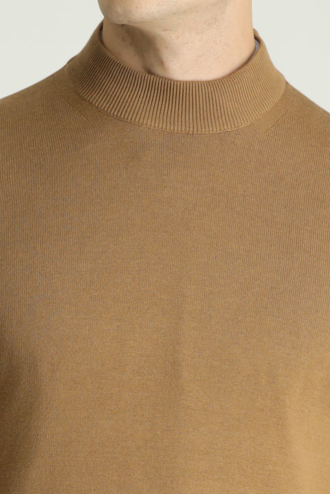 Camel Half Turtleneck Regular Fit Cotton Knit Sweater