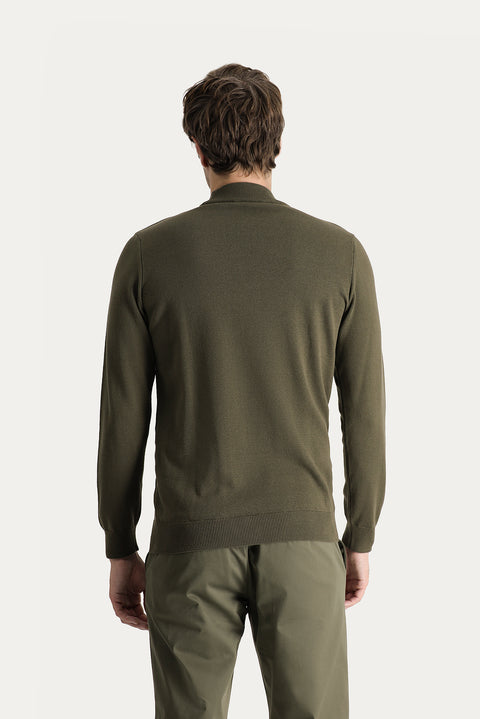 Medium Khaki Half Turtleneck Regular Fit Cotton Knit Sweater