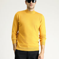 Mustard Yellow Semi-Turtleneck Regular Fit Cotton Knit Sweater