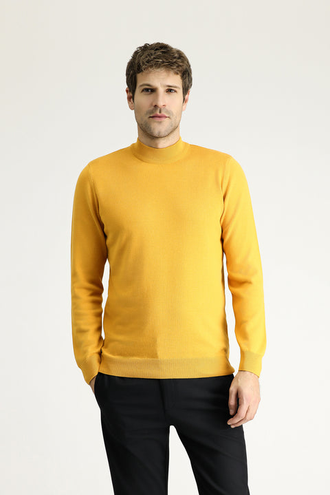 Mustard Yellow Semi-Turtleneck Regular Fit Cotton Knit Sweater