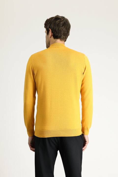 Mustard Yellow Semi-Turtleneck Regular Fit Cotton Knit Sweater