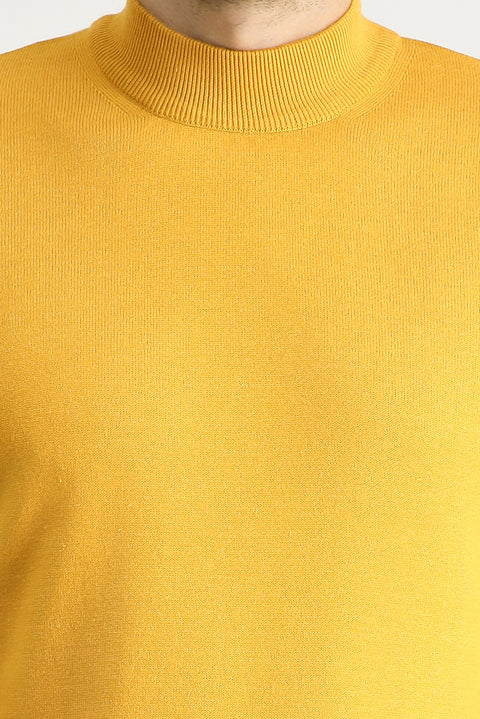 Mustard Yellow Semi-Turtleneck Regular Fit Cotton Knit Sweater