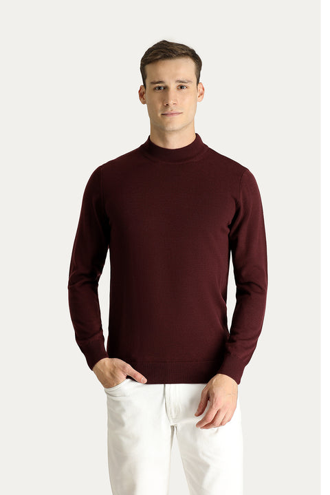 Dark Burgundy Half Turtleneck Regular Fit Cotton Knit Sweater