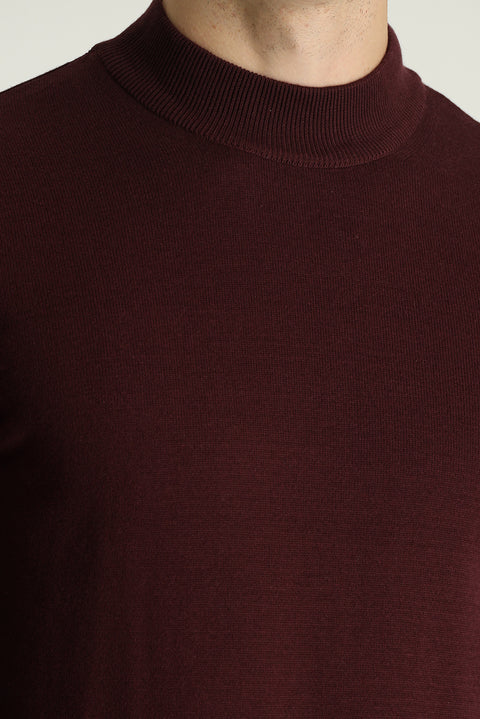 Dark Burgundy Half Turtleneck Regular Fit Cotton Knit Sweater