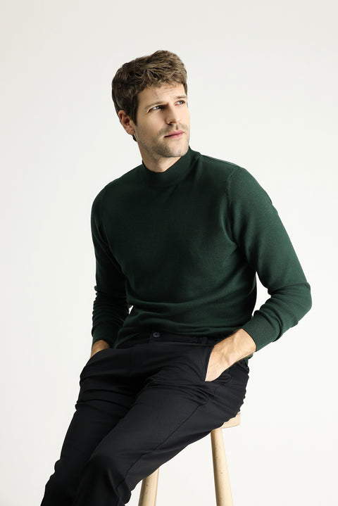 Forest Green Half Turtleneck Regular Fit Cotton Knit Sweater