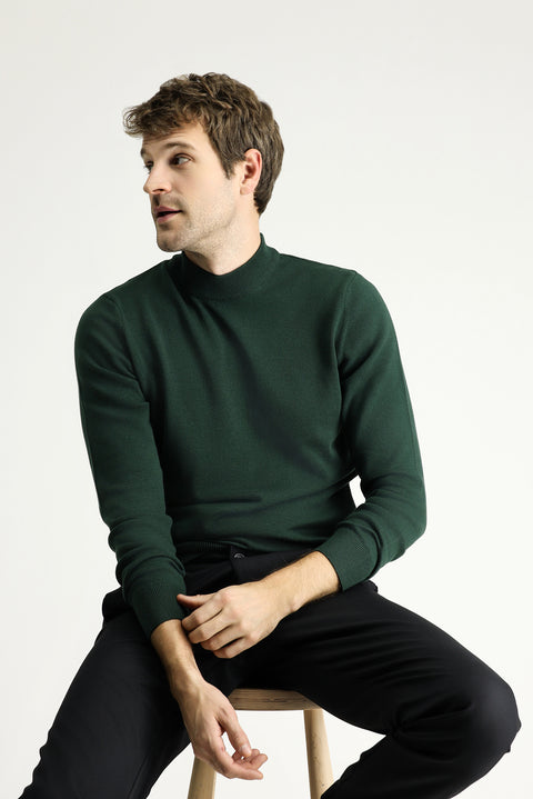 Forest Green Half Turtleneck Regular Fit Cotton Knit Sweater