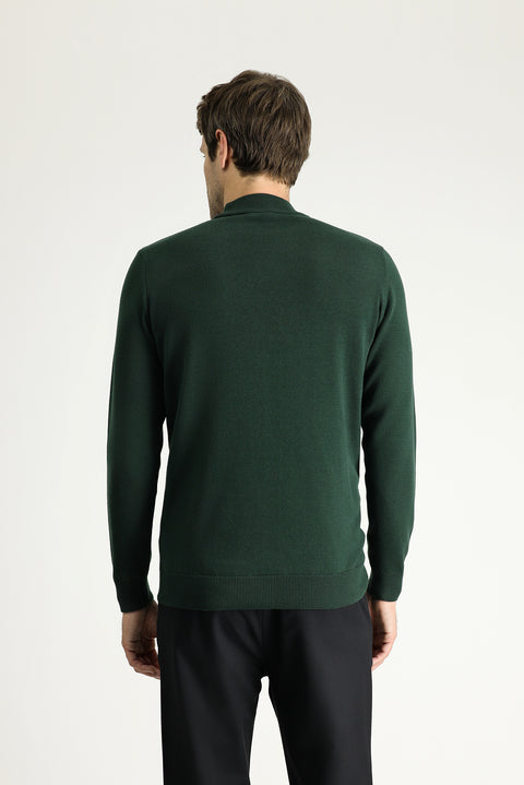 Forest Green Half Turtleneck Regular Fit Cotton Knit Sweater