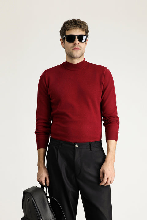 Dark Red Semi-Turtleneck Regular Fit Cotton Knit Sweater