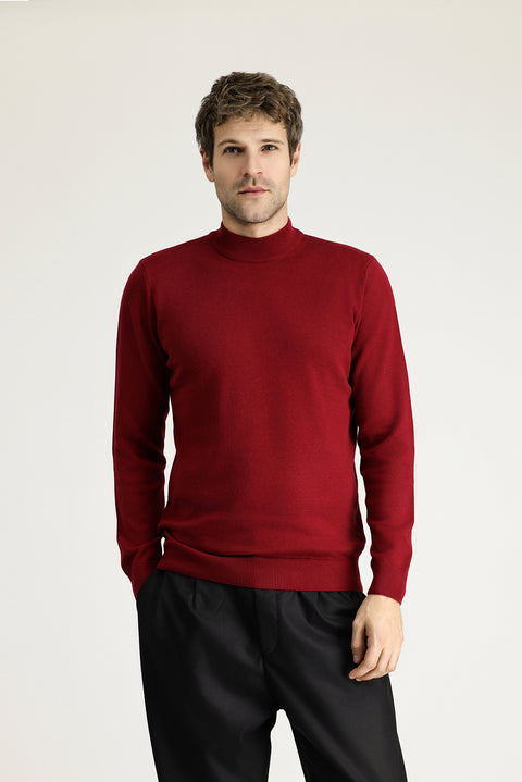 Dark Red Semi-Turtleneck Regular Fit Cotton Knit Sweater