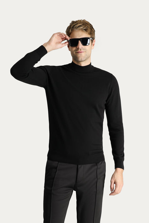 Siyah Yarım Balıkçı Yaka Slim Fit Dar Kesim Pamuklu Triko Kazak
