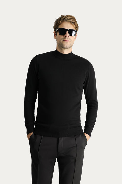 Siyah Yarım Balıkçı Yaka Slim Fit Dar Kesim Pamuklu Triko Kazak