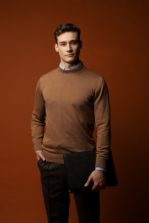 Camel Semi-Turtleneck Slim Fit Narrow Cut Cotton Knit Sweater