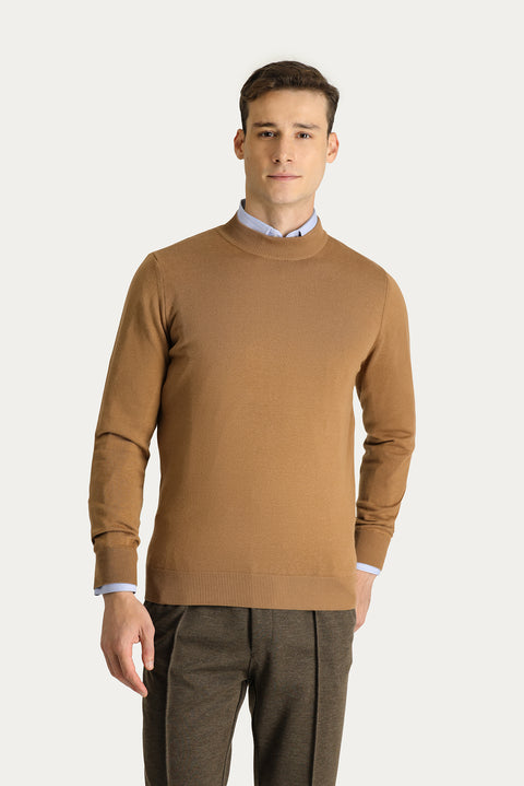 Camel Semi-Turtleneck Slim Fit Narrow Cut Cotton Knit Sweater