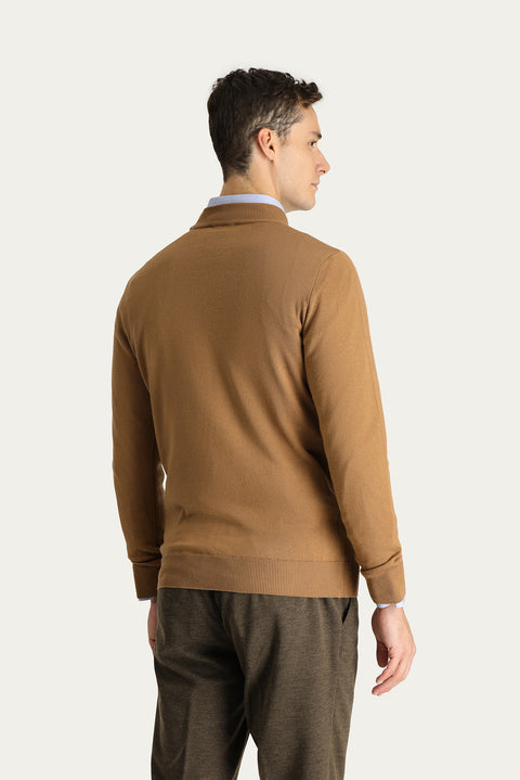 Camel Semi-Turtleneck Slim Fit Narrow Cut Cotton Knit Sweater