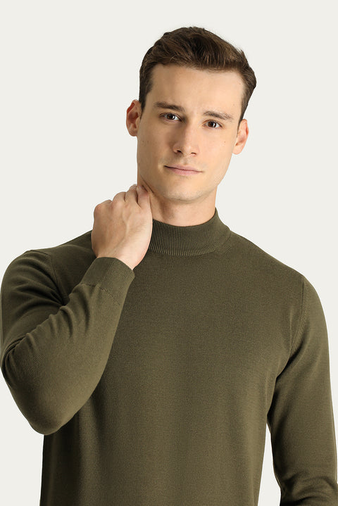 Medium Khaki Semi-Turtleneck Slim Fit Narrow Cut Cotton Knit Sweater