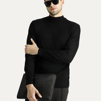 Black Semi-Turtleneck Slim Fit Narrow Cut Cotton Knit Sweater