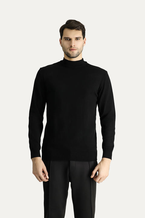 Black Semi-Turtleneck Slim Fit Narrow Cut Cotton Knit Sweater