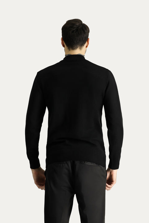 Black Semi-Turtleneck Slim Fit Narrow Cut Cotton Knit Sweater