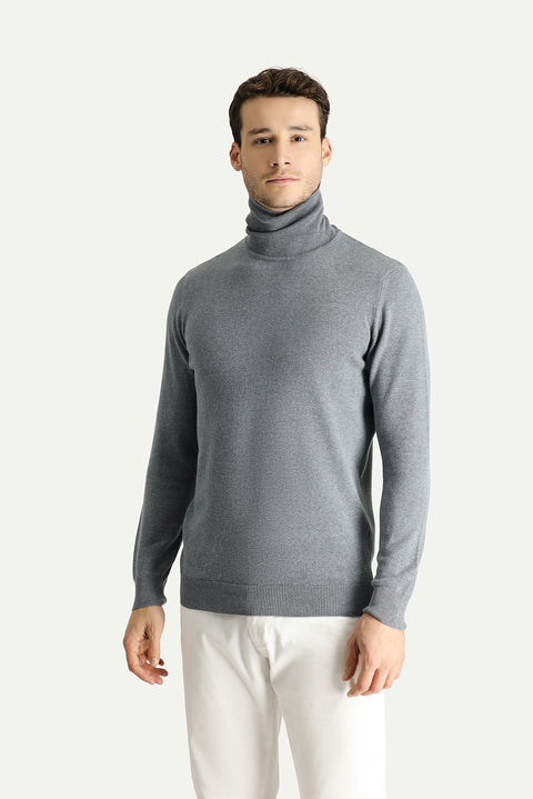Medium Grey Melange Turtleneck Regular Fit Cotton Knit Sweater