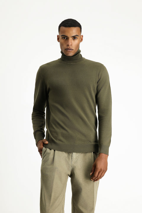 Medium Khaki Turtleneck Regular Fit Cotton Knit Sweater