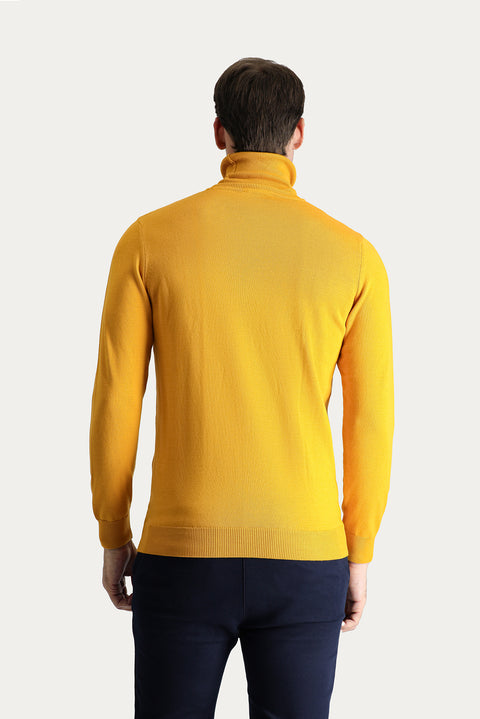 Mustard Yellow Turtleneck Regular Fit Cotton Knit Sweater