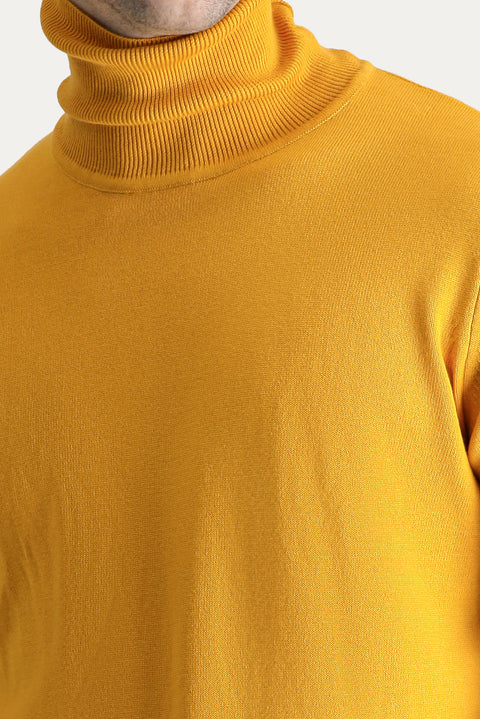 Mustard Yellow Turtleneck Regular Fit Cotton Knit Sweater