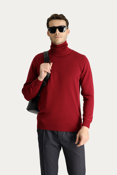 Koyu Kırmızı Balıkçı Yaka Regular Fit Pamuklu Triko Kazak
