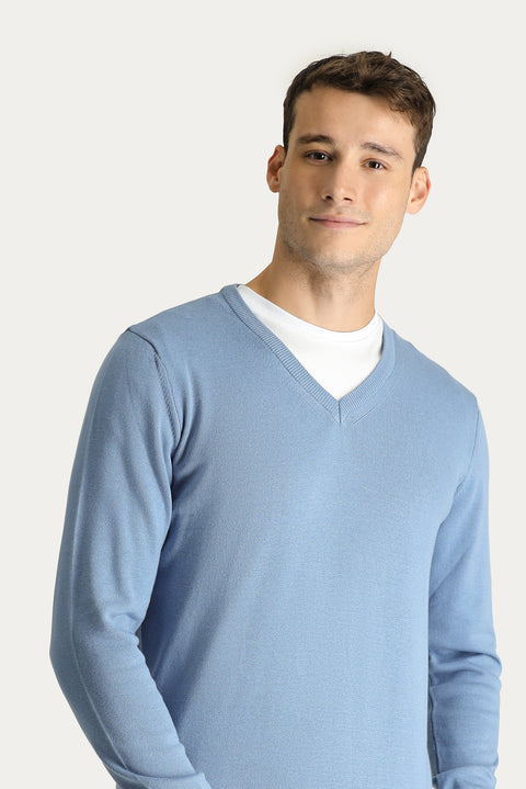 Aviator Blue V-Neck Regular Fit Cotton Knit Sweater