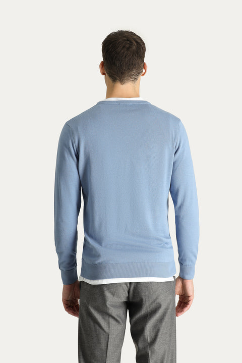 Aviator Blue V-Neck Regular Fit Cotton Knit Sweater