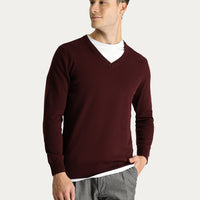 Dark Burgundy V-Neck Regular Fit Cotton Knit Sweater