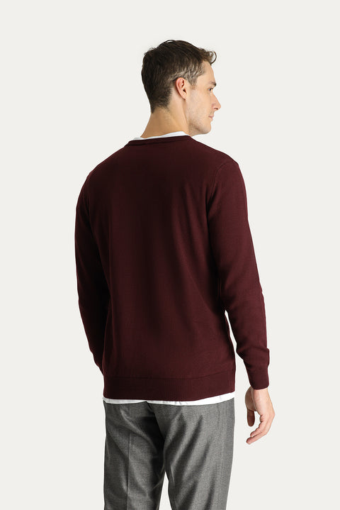 Dark Burgundy V-Neck Regular Fit Cotton Knit Sweater