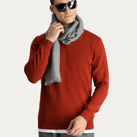 Tile-colored V-neck Regular Fit Cotton Knit Sweater