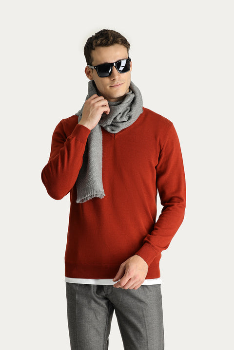 Tile-colored V-neck Regular Fit Cotton Knit Sweater