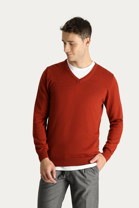 Tile-colored V-neck Regular Fit Cotton Knit Sweater